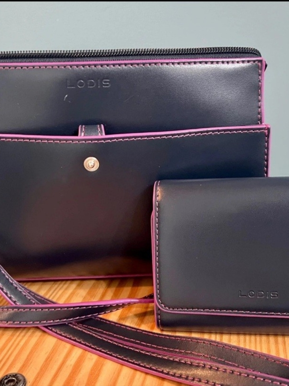 Lodis Black Leather Crossbody with Purple Trim and Matching Wallet!